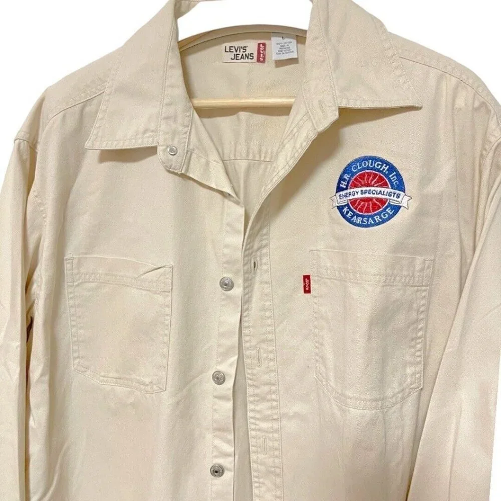 VTG Levi's Jeans Men’s L Denim Button Up Shirt  Metal Buttons Ivory Badge Pocket